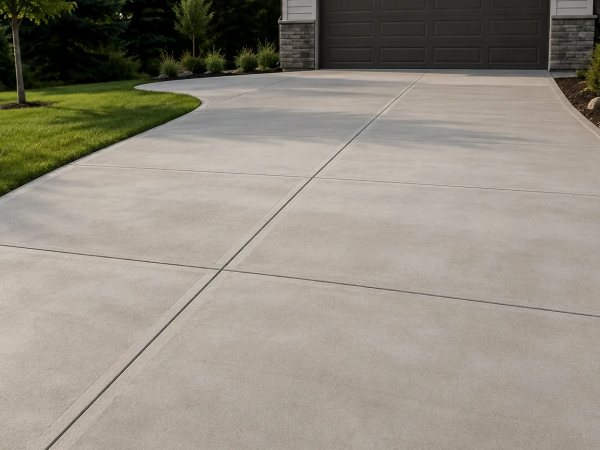 Broom-finished concrete driveway curving up to a two-car garage